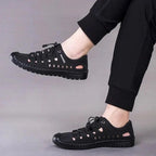 MEN'S GENUINE LEATHER CASUAL SLIDE BEACH BLACK SANDALS