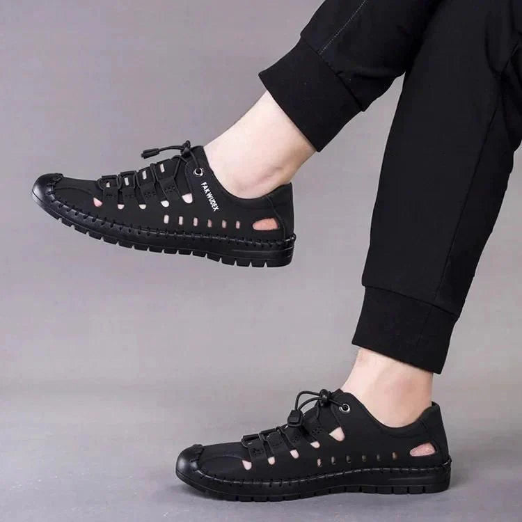 MEN'S GENUINE LEATHER CASUAL SLIDE BEACH BLACK SANDALS