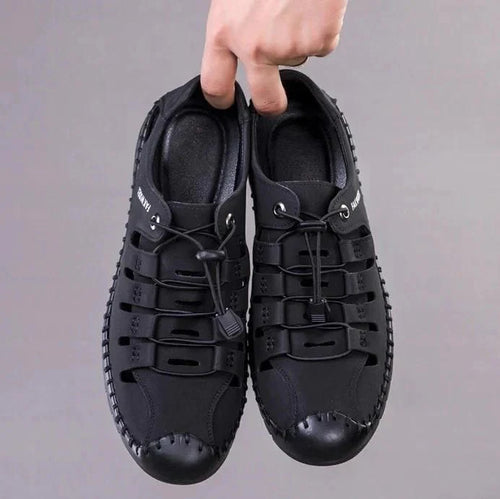MEN'S GENUINE LEATHER CASUAL SLIDE BEACH BLACK SANDALS