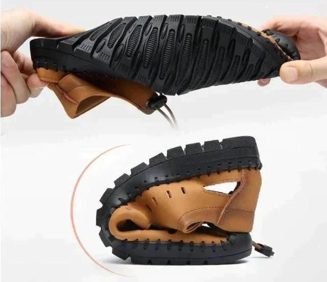 MEN'S GENUINE LEATHER CASUAL SLIDE BEACH BROWN SANDALS