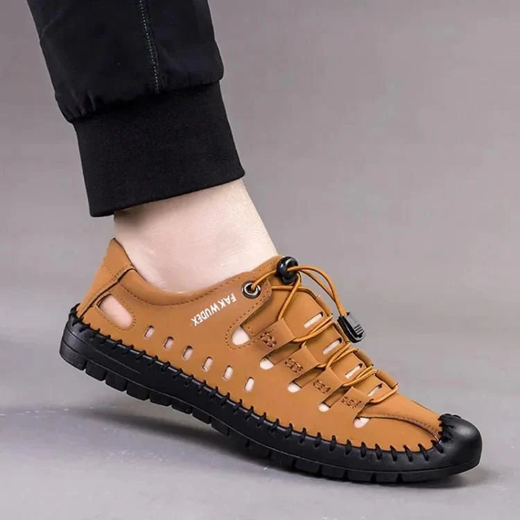 MEN'S GENUINE LEATHER CASUAL SLIDE BEACH BROWN SANDALS