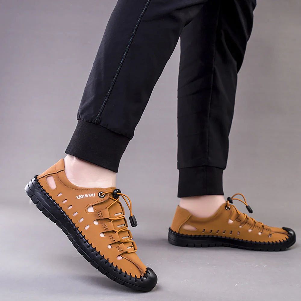 MEN'S GENUINE LEATHER CASUAL SLIDE BEACH BROWN SANDALS